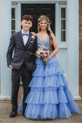Lavender V-Neck A-Line Tulle Prom Dresses with Appliques