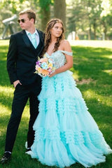 Blue Off-The-Shoulder A-Line Tulle Pary Formal Dresses with Ruffles