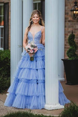 Lavender V-Neck A-Line Tulle Prom Dresses with Appliques