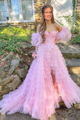 Pink Tiered Strapless A-Line Tulle Long Party Evening Dresses
