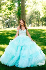 Blue Off-The-Shoulder A-Line Tulle Pary Formal Dresses with Ruffles