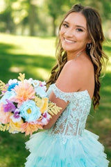 Blue Off-The-Shoulder A-Line Tulle Pary Formal Dresses with Ruffles