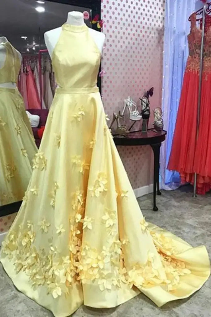 Daffodil A-Line Satin Sleeveless Party Prom Dresses with Handmade Flower