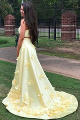 Daffodil A-Line Satin Sleeveless Party Prom Dresses with Handmade Flower