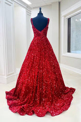 Red Sleeveless Ball Gown Sequin Long Prom Formal Dresses