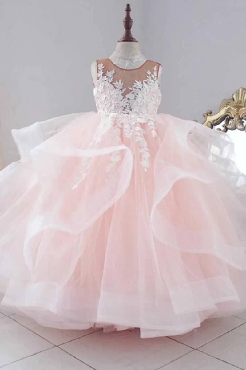 Pink Ball Gown Backless Sleeveless Tulle Flower Girl Dresses