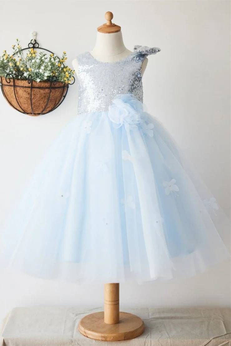 Sky Blue Jewel Neck Sequin Tulle Flower Girl Dresses with Handmade Flower
