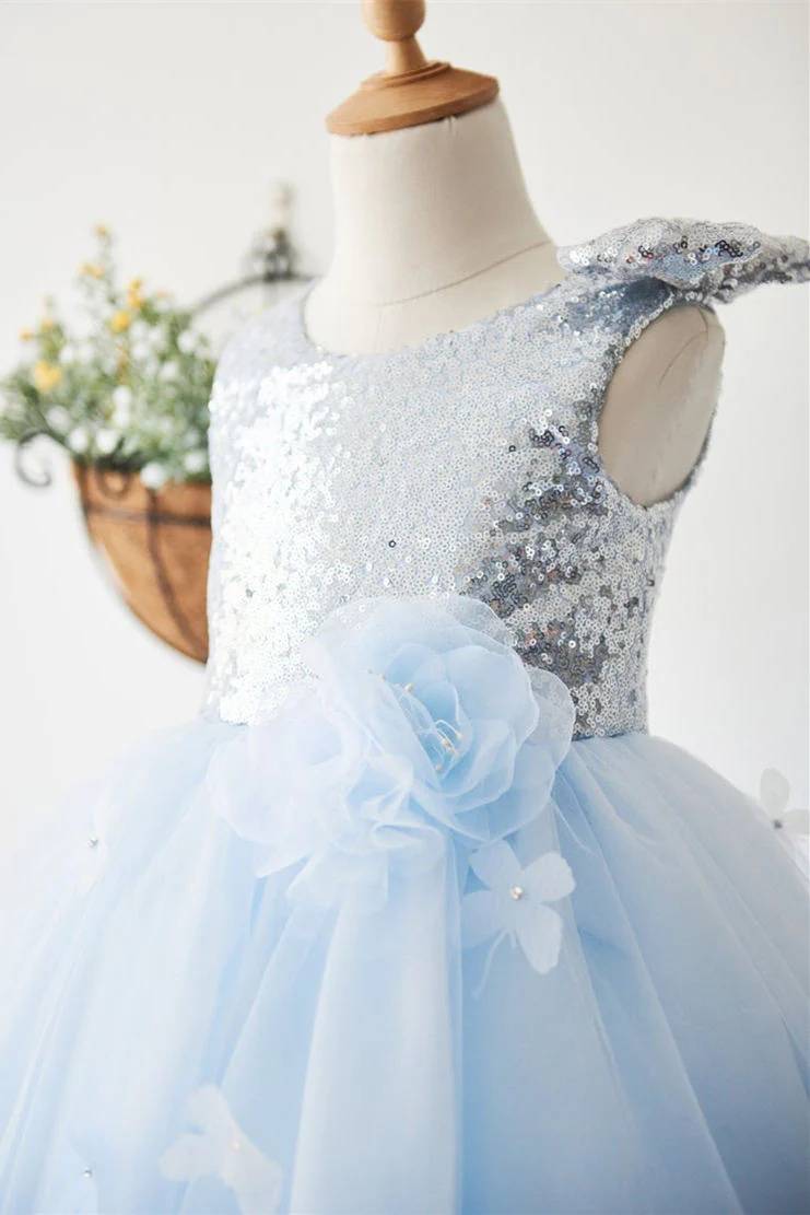 Sky Blue Jewel Neck Sequin Tulle Flower Girl Dresses with Handmade Flower