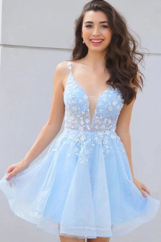 Light Blue Spaghetti Straps Short A-Line Tulle Homecoming Dresses with Appliques