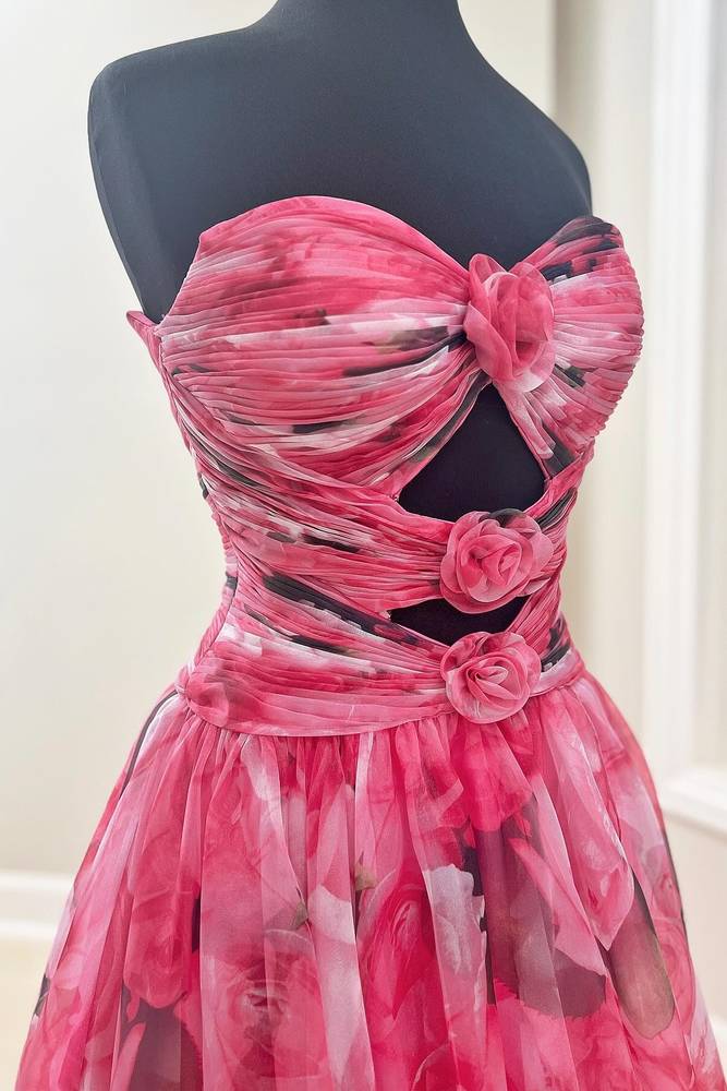 Sweetheart Strapless A-Line Print Floral Prom Dresses