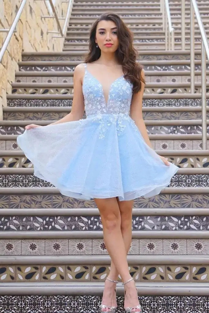 Light Blue Spaghetti Straps Short A-Line Tulle Homecoming Dresses with Appliques
