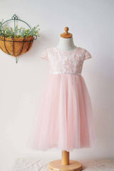Pink Capped Lace Tulle Flower Girl Dresses with Sash