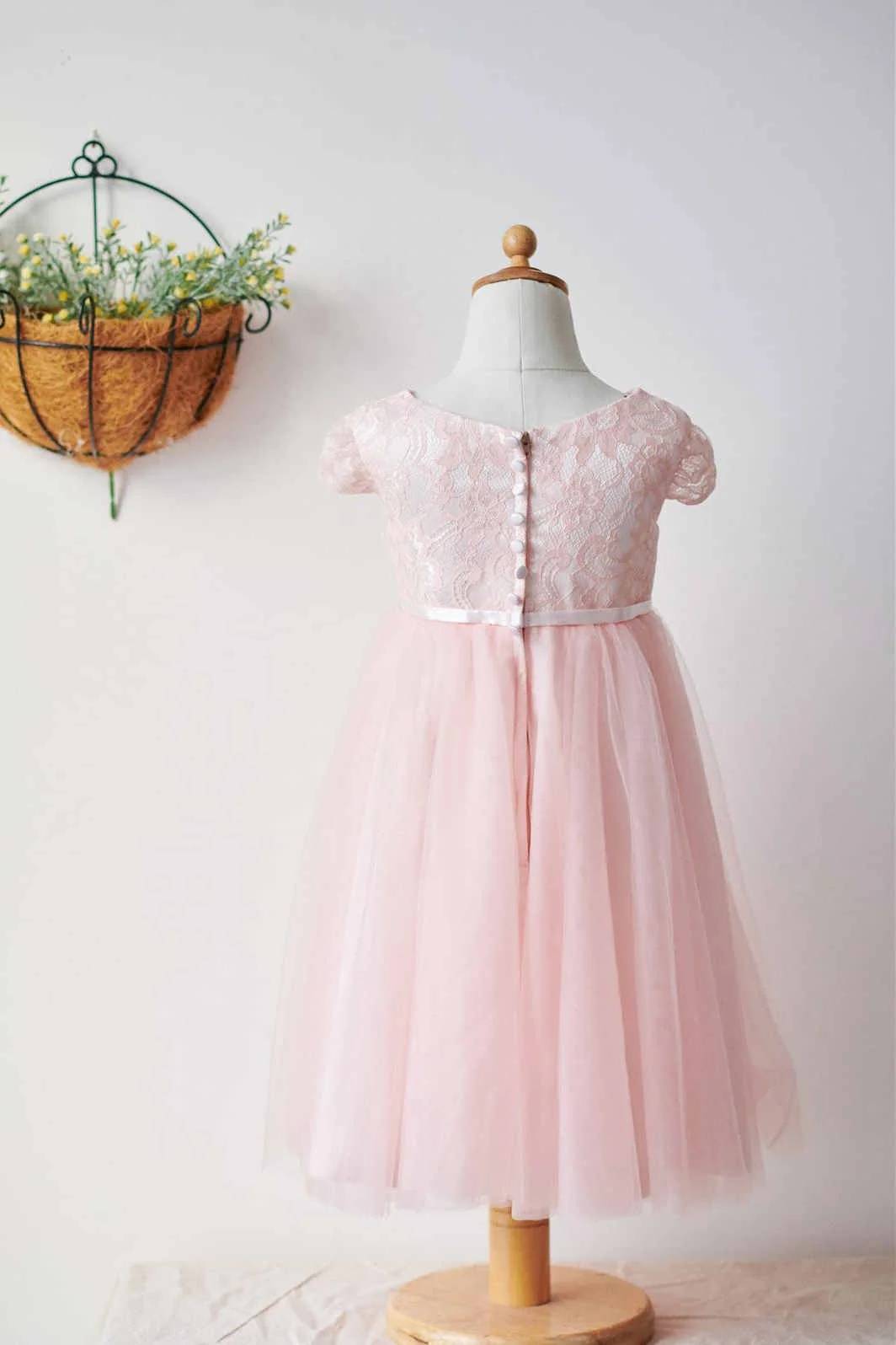 Pink Capped Lace Tulle Flower Girl Dresses with Sash