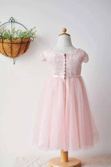 Pink Capped Lace Tulle Flower Girl Dresses with Sash
