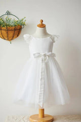 Jewel Neck A-Line Lace Tulle Flower Girl Dresses with Sash