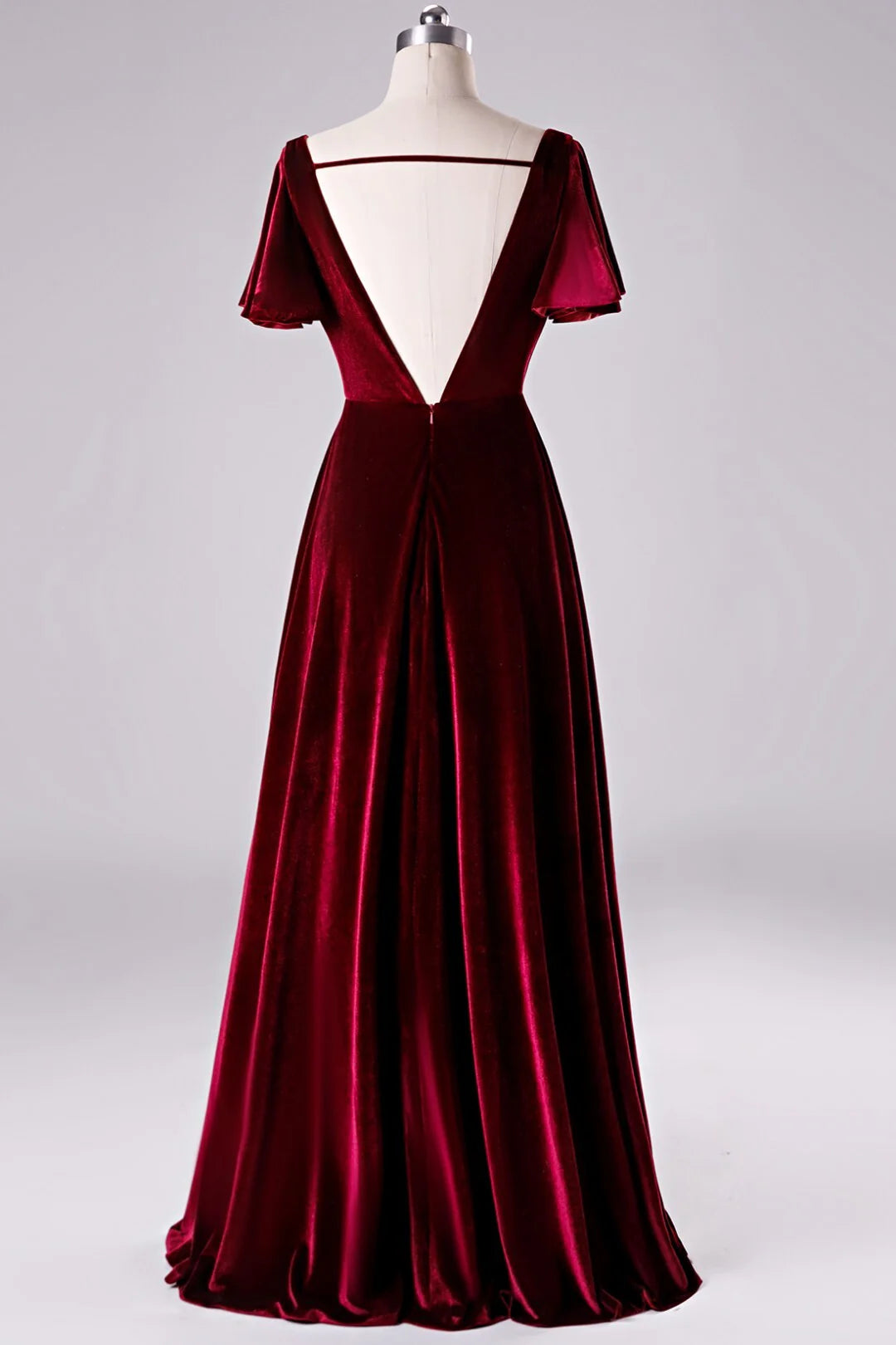 Burgundy V-Neck Short Sleeves A-Line Velvet Bridesmaid Dresses