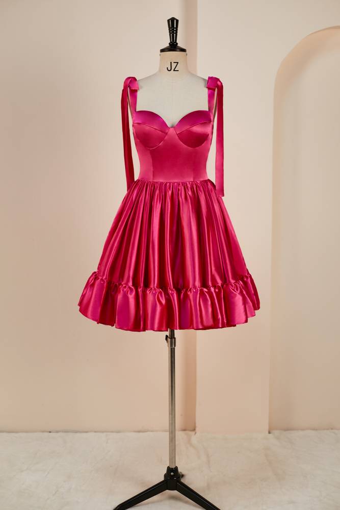 Fuchsia A-Line Sweetheart Satin Homecoming Dresses with Ruffles