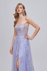 Lavender Floor-Length A-Line Tulle Prom Dresses with Appliques