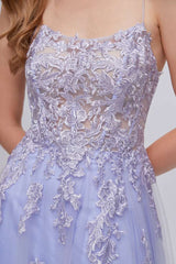 Lavender Floor-Length A-Line Tulle Prom Dresses with Appliques