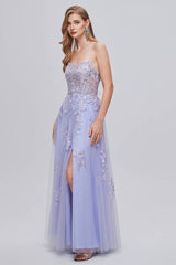 Lavender Floor-Length A-Line Tulle Prom Dresses with Appliques