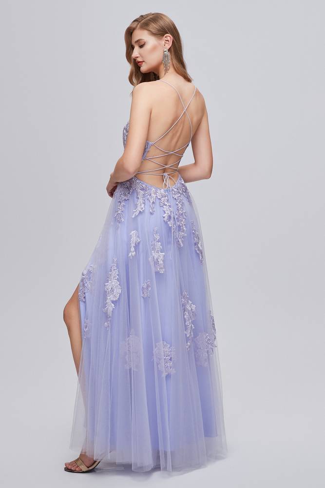 Lavender Floor-Length A-Line Tulle Prom Dresses with Appliques