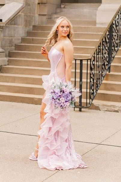 Purple One-Shoulder Mermaid Sequin Split Front Party Dresses with Ruffles