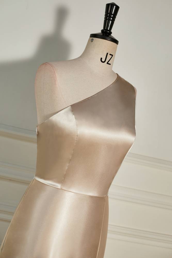 Champagne One-Shoulder A-Line Satin Prom Dresses with Slit