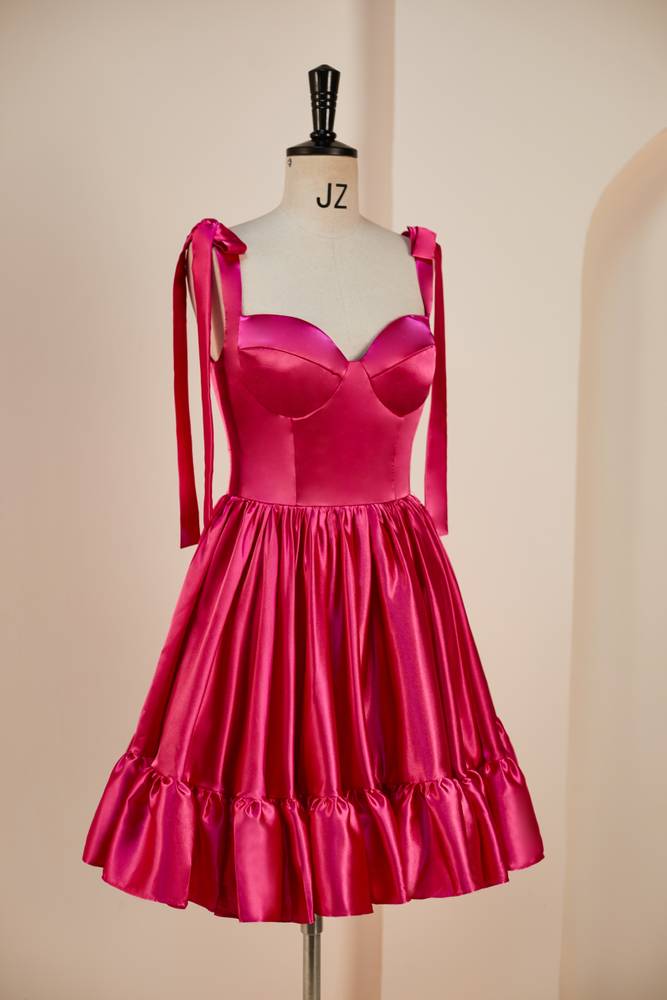 Fuchsia A-Line Sweetheart Satin Homecoming Dresses with Ruffles