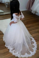 White Ball Gown Lace Tulle Off-The-Shoulder Flower Girl Dresses