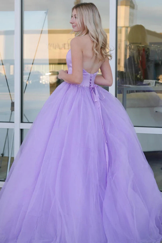 Lavender Floor-Length A-Line Strapless Tulle Prom Dresses