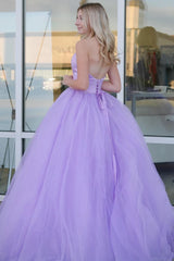 Lavender Floor-Length A-Line Strapless Tulle Prom Dresses