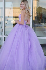 Lavender Floor-Length A-Line Strapless Tulle Prom Dresses