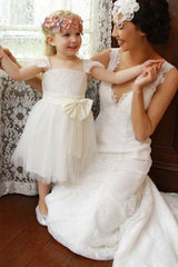 Square Neck Tea-Length Tulle Flower Girl Dresses with Bow