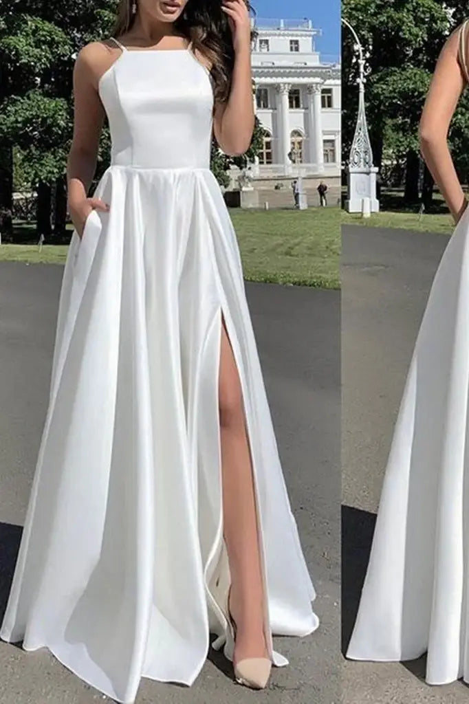 Floor-Length Spaghetti Straps A-Line Satin Formal Dresses with Slit