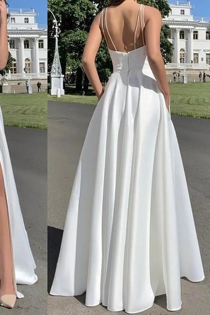 Floor-Length Spaghetti Straps A-Line Satin Formal Dresses with Slit