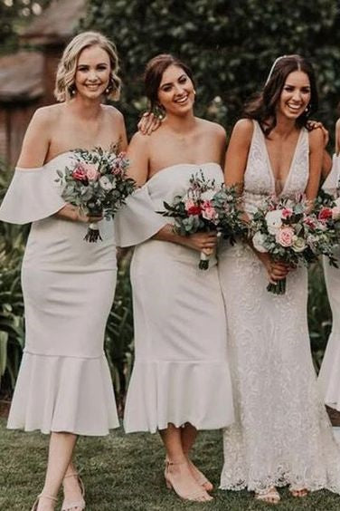 White Off-The-Shoulder Tea-Length Satin Bridesmaid Dresses