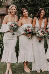 White Off-The-Shoulder Tea-Length Satin Bridesmaid Dresses