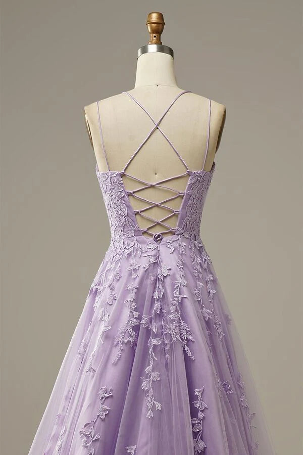 Lilac Criss Cross Straps Tulle Prom Dresses with Appliques