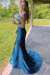Ink Blue Strapless Mermaid Satin Formal Dresses with Slit