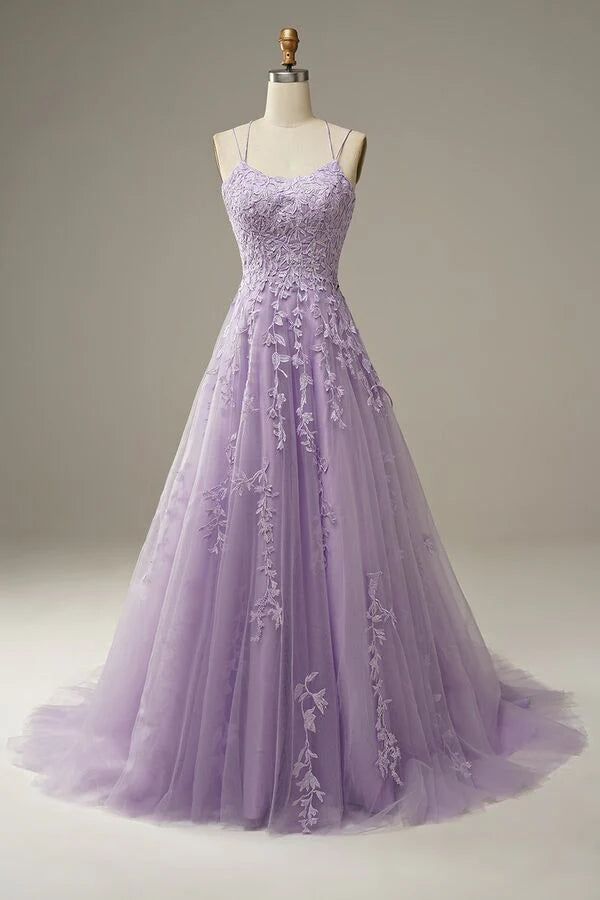 Lilac Criss Cross Straps Tulle Prom Dresses with Appliques