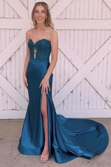 Ink Blue Strapless Mermaid Satin Formal Dresses with Slit