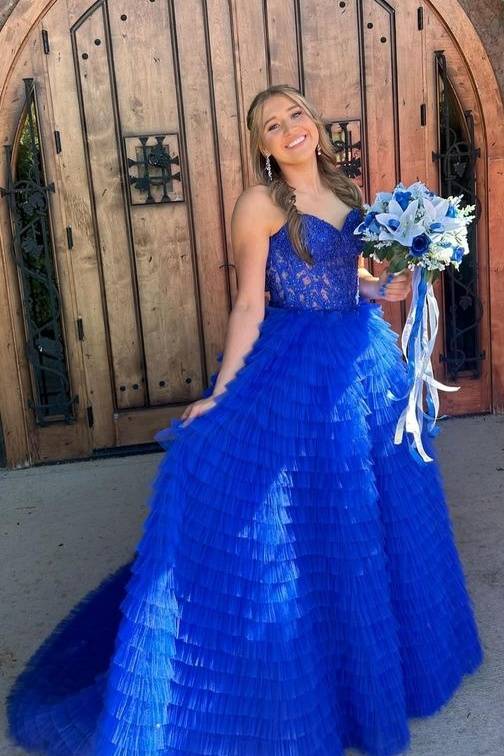 Royal Blue Tiered Sweetheart A-Line Tulle Evening Dresses with Slit