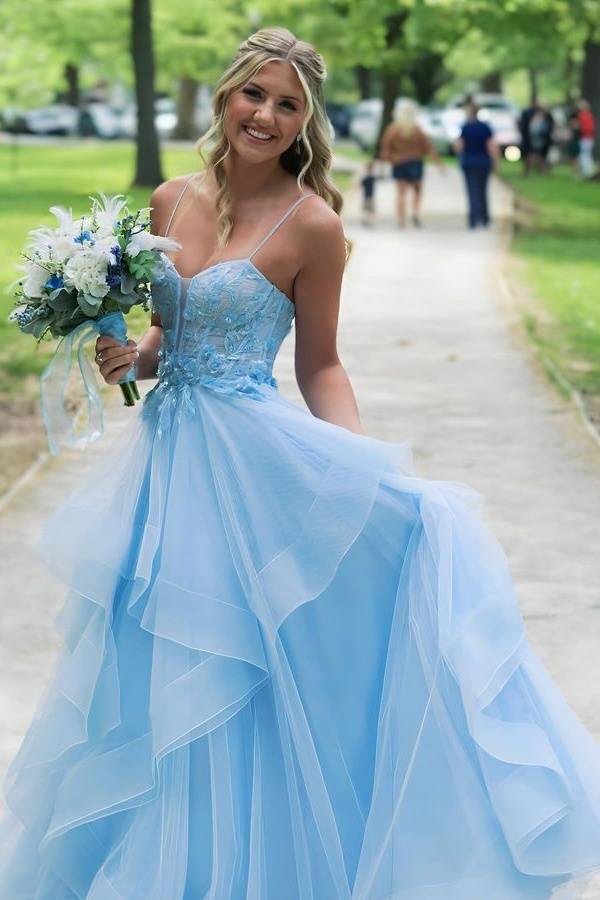 Sky Blue Spaghetti Straps A-Line Tulle Prom Dresses with Ruffles