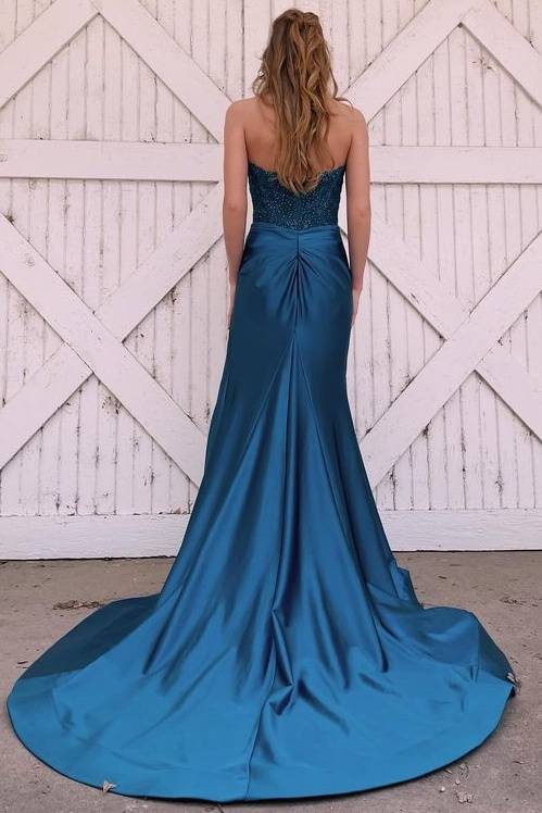 Ink Blue Strapless Mermaid Satin Formal Dresses with Slit