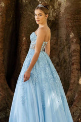Sky Blue Strapless A-Line Tulle Party Prom Dresses with Appliques