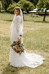 V-Neck Long Sleeves Lace Tulle Mermaid Wedding Dresses