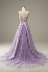Lilac Criss Cross Straps Tulle Prom Dresses with Appliques