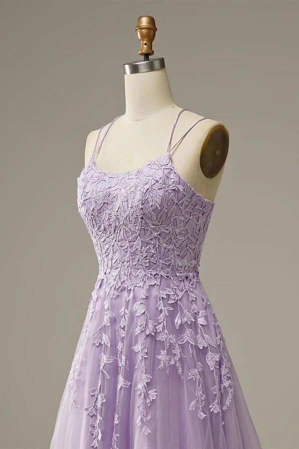 Lilac Criss Cross Straps Tulle Prom Dresses with Appliques