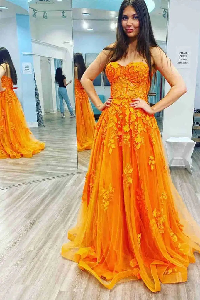 Orange Long A-Line Strapless Tulle Prom Dresses with Appliques