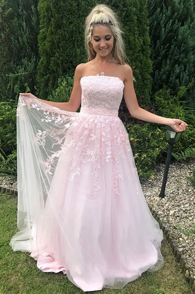 Blushing Pink A-Line Tulle Strapless Party Dresses with Appliques